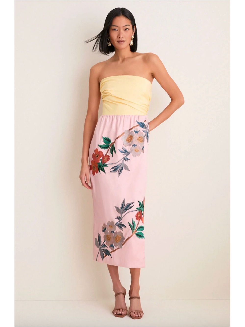 Tuckernuck Powder Pink Embroidered Satin Strapless Sonia Dress